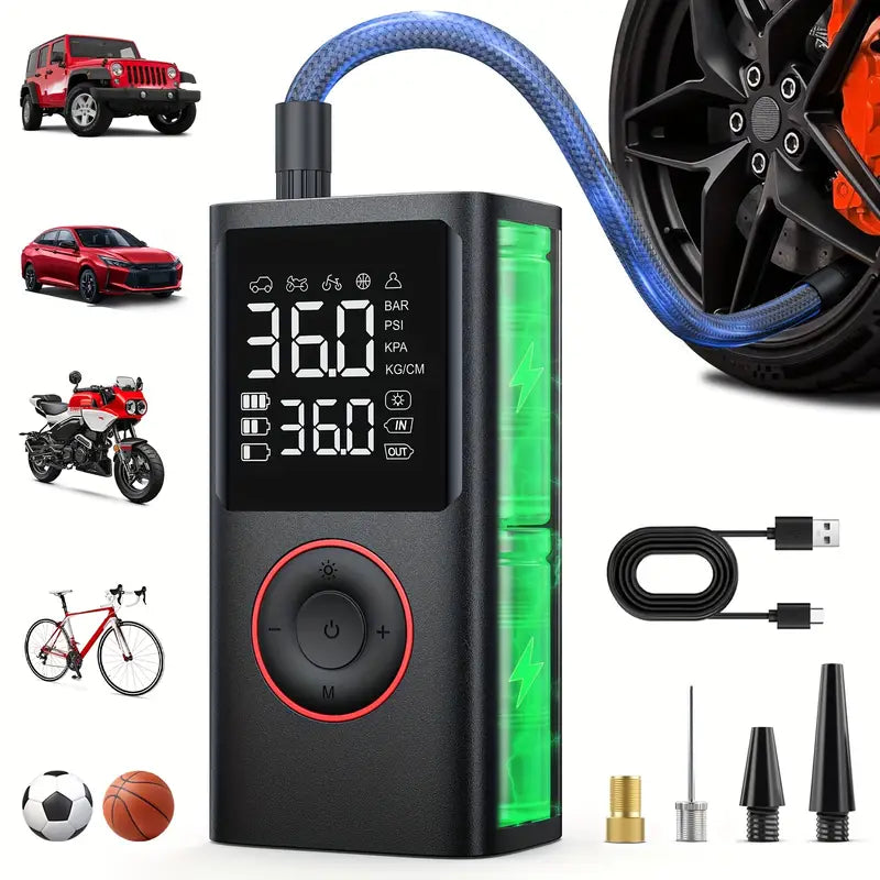 2X Faster Cordless Tire Inflator | USB Rechargeable, Digital Gauge & LED Light